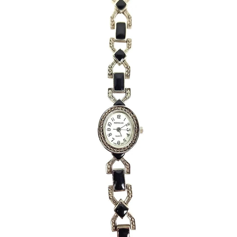 Novelle Quartz Watch Womens‎ Silver Tone Black Geometric Link Art Deco Style